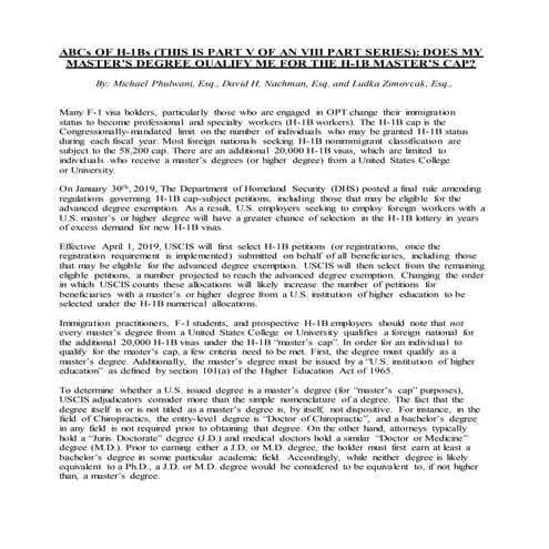 ABCs OF H-1Bs (THIS IS PART V OF AN VIII PART SERIES): DOES MY MASTER’S DEGREE QUALIFY ME FOR THE H-1B MASTER’S CAP?