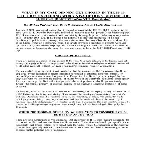 WHAT IF MY CASE DID NOT GET CHOSEN IN THE H-1B LOTTERY: EXPLORING WORK VISA OPTIONS BEYOND THE H-1B CAP (PART VII of an VIII Part Series)
