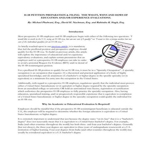 H-1B PETITION PREPARATION & FILING:  THE WHATS, WHYS AND HOWS OF EDUCATION AN...