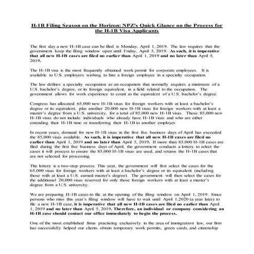 H-1B Filing Season on the Horizon: NPZ's Quick Glance on the Process for the H-1B Visa Applicants.