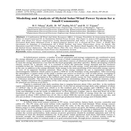 Modeling and Analysis of Hybrid Solar/Wind Power System for a Small Community