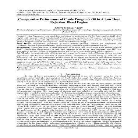 Comparative Performance of Crude Pongamia Oil in A Low Heat Rejection Diesel ...