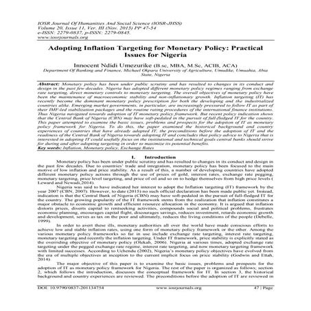 Adopting Inflation Targeting for Monetary Policy: Practical Issues for Nigeria