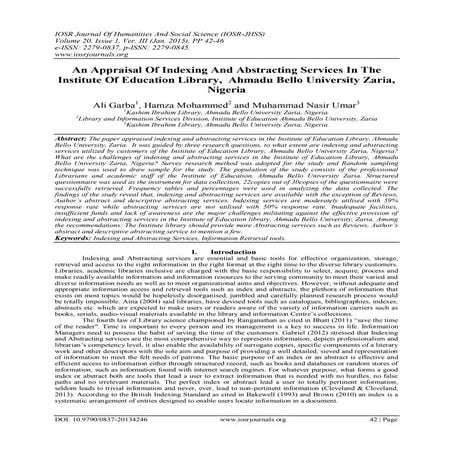 An Appraisal Of Indexing And Abstracting Services In The Institute Of Educati...
