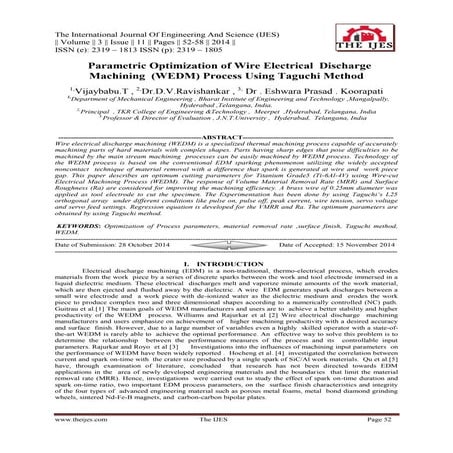 Parametric Optimization of Wire Electrical Discharge Machining (WEDM) Process...