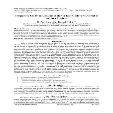 Perspective Study on Ground Water in East Godavari District of Andhra Pradesh