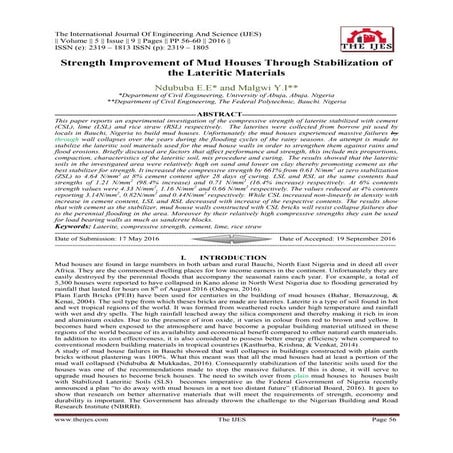 Strength Improvement of Mud Houses Through Stabilization of the Lateritic Mat...