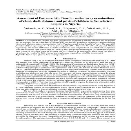 Assessment of Entrance Skin Dose in routine x-ray examinations of chest, skul...