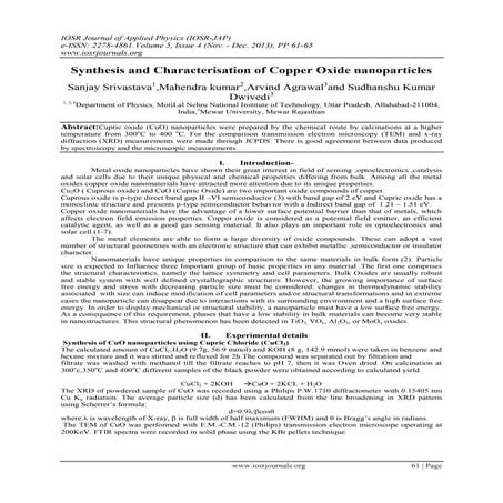Synthesis and Characterisation of Copper Oxide nanoparticles