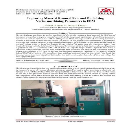 Improving Material Removal Rate and Optimizing Variousmachining Parameters in EDM