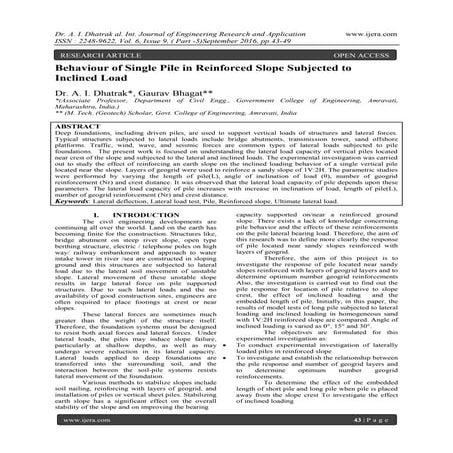 Behaviour of Single Pile in Reinforced Slope Subjected to Inclined Load