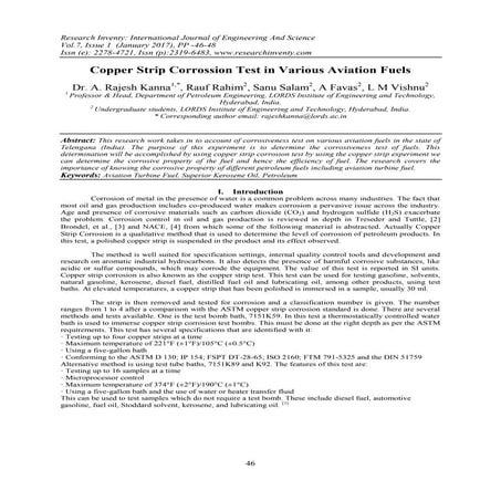Copper Strip Corrossion Test in Various Aviation Fuels