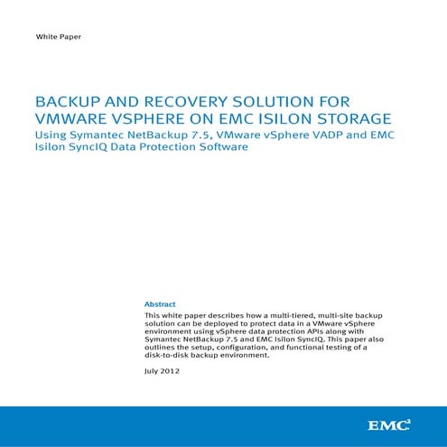 Backup and Recovery Solution for VMware vSphere on EMC Isilon Storage 