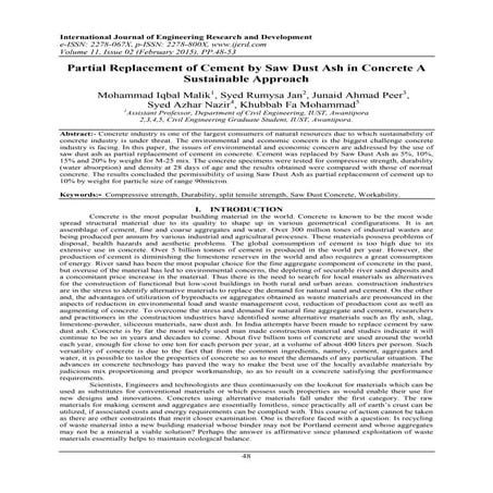 Partial Replacement of Cement by Saw Dust Ash in Concrete A Sustainable Approach