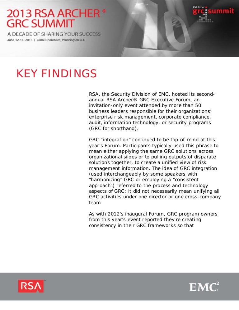 2013 RSA Archer GRC Executive Forum Key Findings