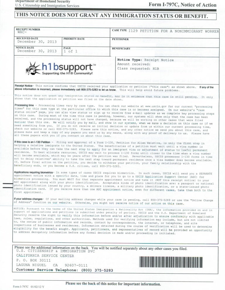 H1BI797ReceiptSampleVermontCalifornia