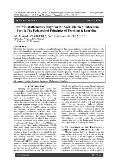 How was Mathematics taught in the Arab-Islamic Civilization? – Part 1: The Pe...