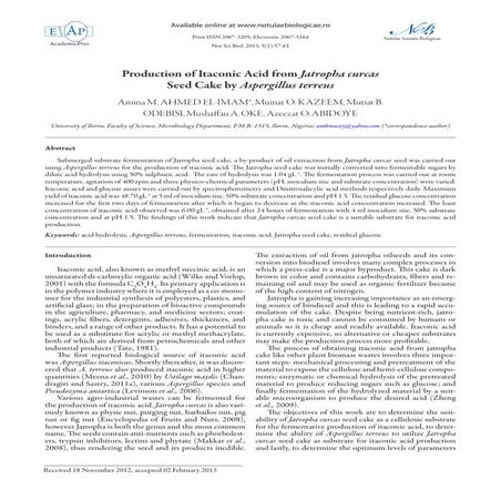 Production of itaconic acid from jatropha curcas seed cake by aspergillus ter...