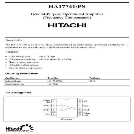 HA17741 General Purpose Operational Amplifier