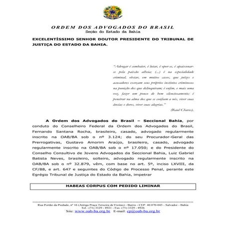 Habeas Corpus com Pedido Liminar para o advogado Jadson Luiz dos Santos
