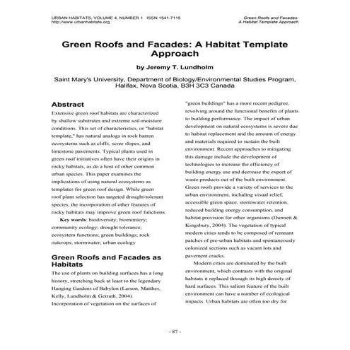 Green Roofs and Facades: A Habitat Template Approach