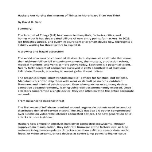 Hackers Are Hurting the Internet of Things in More Ways Than You Think by Dav...