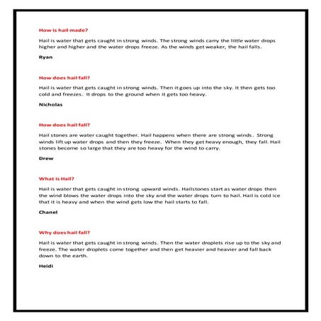 Hail explanation pieces written by the students of 12 cp