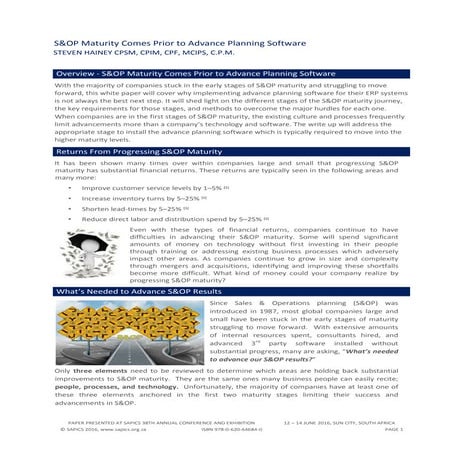 S&OP maturity comes prior to advance planning software