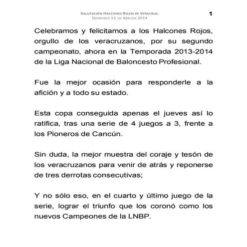 13 04 2014- Salutación Halcones Rojos de Veracruz