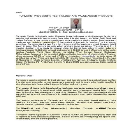 TURMERIC (Haldi) PROCESSING TECHNOLOGY AND VALUE ADDED PRODUCTS