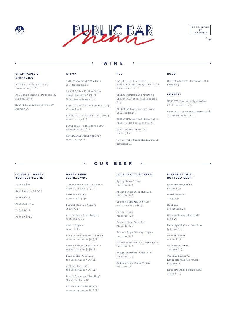 Half Moon Public Main Bar Menu