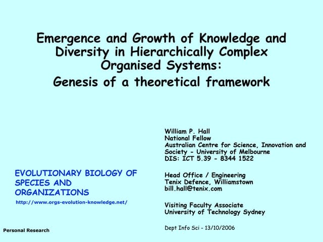 Hall, W.P. 2006. Emergence and growth of knowledge and diversity in hierarchi...