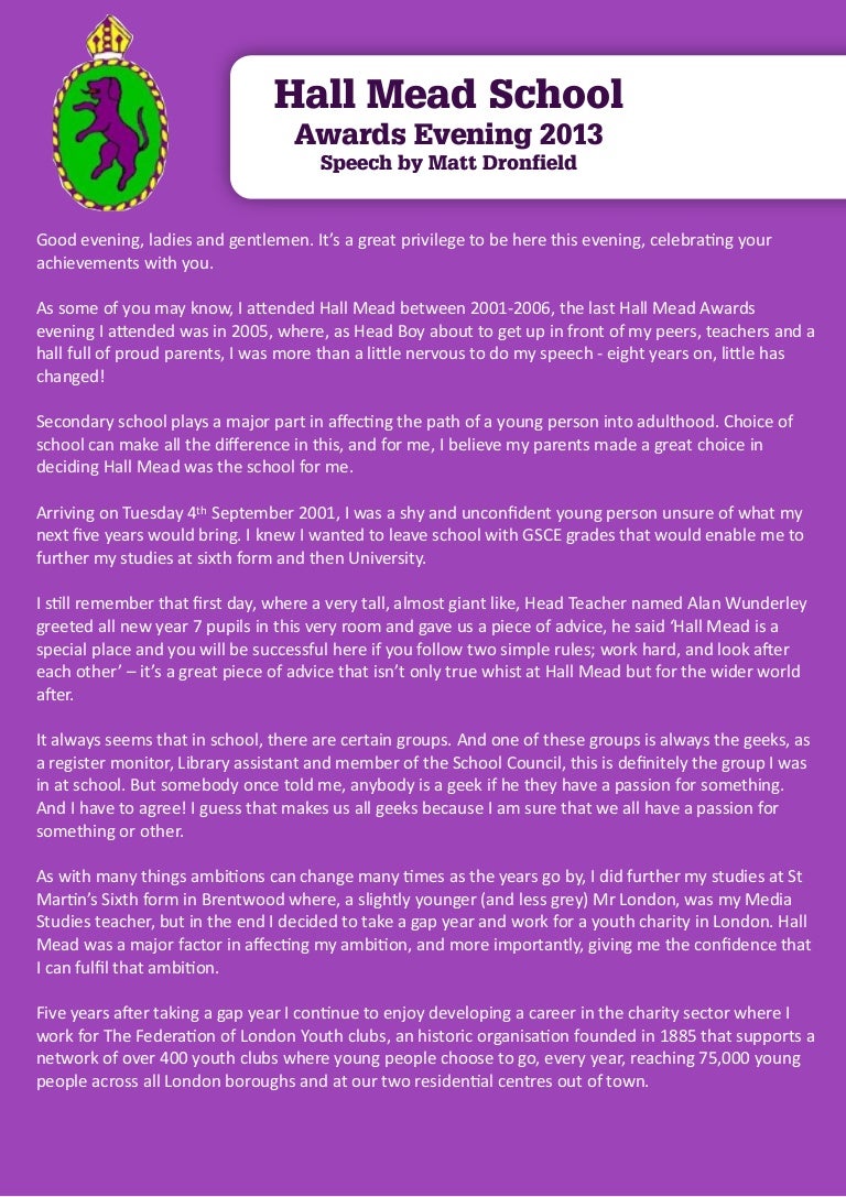 Hall Mead School Awards Evening Speech, 27th November 2013