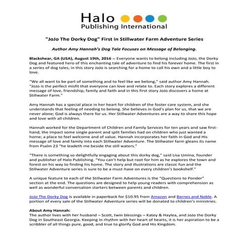 "JoJo The Dorky Dog" First in Stillwater Farm Adventure Series