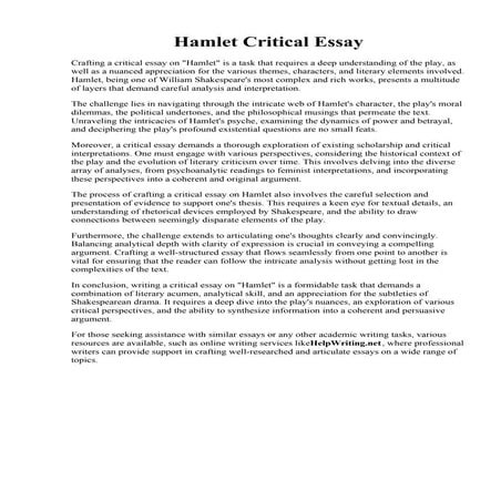 Hamlet Critical Essay. Hamlet Essay  English Advanced - Year 12 HSC  Thinkswap