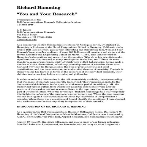 You And Your Research By Richard Hamming Hamming-you and your research | PDF