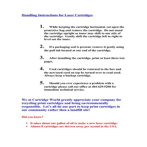  Handling instructions for laser cartridges