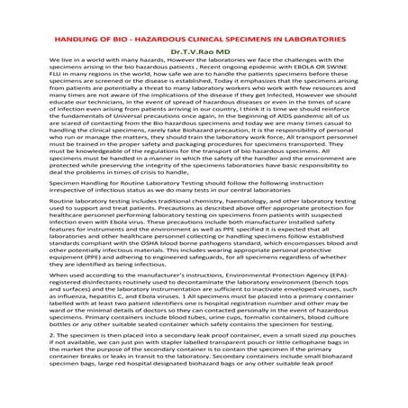 HANDLING OF BIO - HAZARDOUS CLINICAL SPECIMENS IN LABORATORIES | PDF