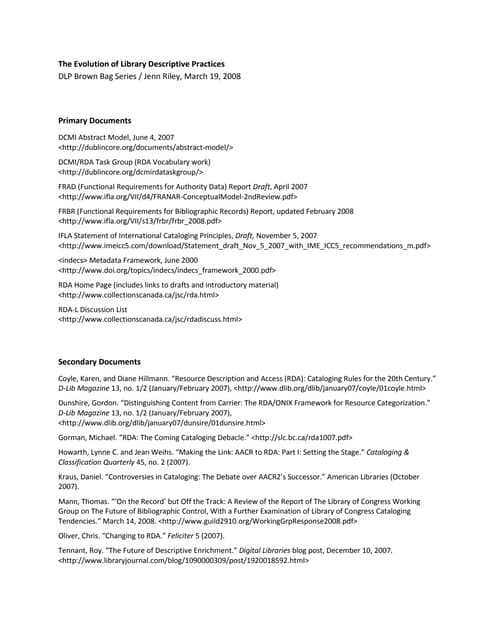 Handout for The Evolution of Library Descriptive Practices: Bibliographic Con...