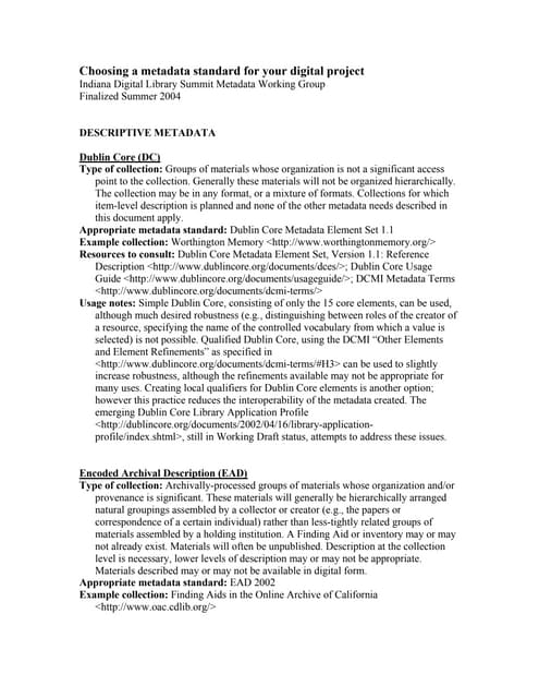 Handout for Alphabet Soup: Choosing Among DC, QDC, MARC, MARCXML, and MODS