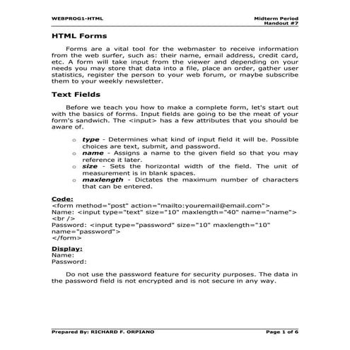 Handout7 html forms | DOC | Web Design and HTML | Internet