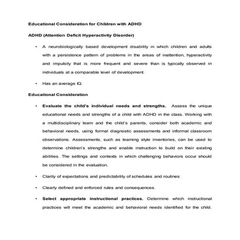 Educational consideration for children with ADHD