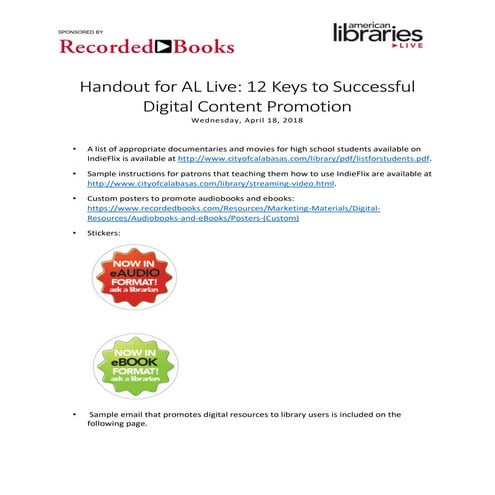 American Libraries Live: 12 Keys to Successful Digital Content Promotion Handout (April 2018)