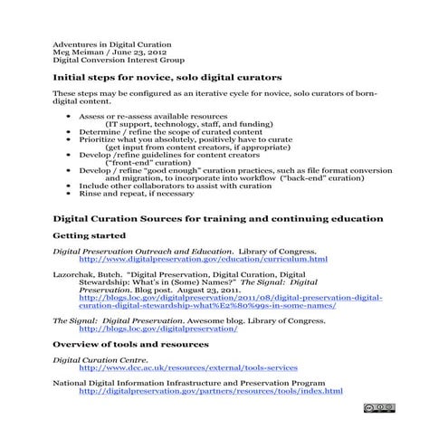 Handout for adventures in digital curation