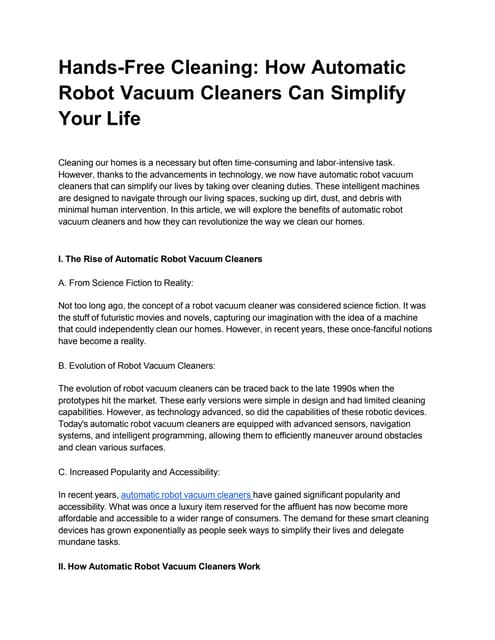 Robot Vaccum cleaners- Working model and concept | PDF