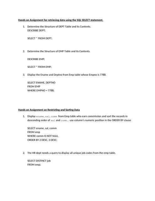 Hands on Assignment for retrieving data using the SQL SELECT statement.docx