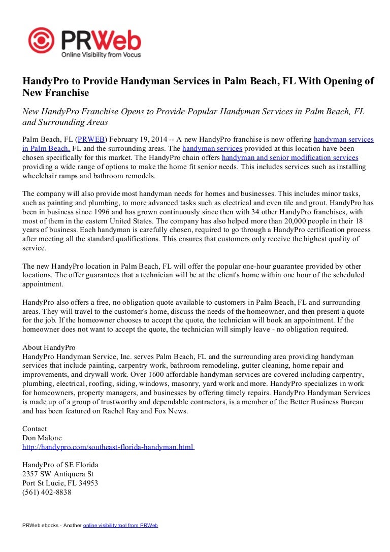 HandyPro to Provide Handyman Services in Palm Beach, FL With Opening