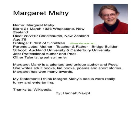 MARGRET MAHY BIO