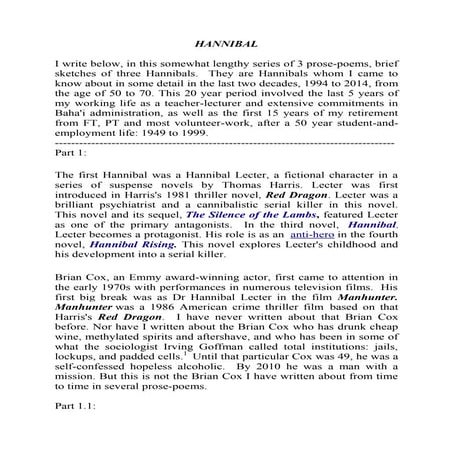 Three Hannibals in My Life: 1994 to 2014