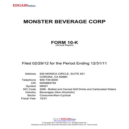Hansen's/Monster Beverage 2011 Year End Presentation
